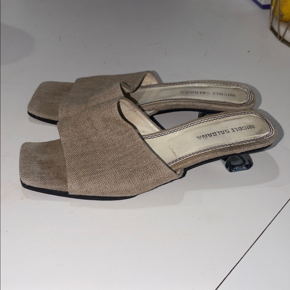 Nicole Saldana Sarah Mule tan linen silver heel 39 nice